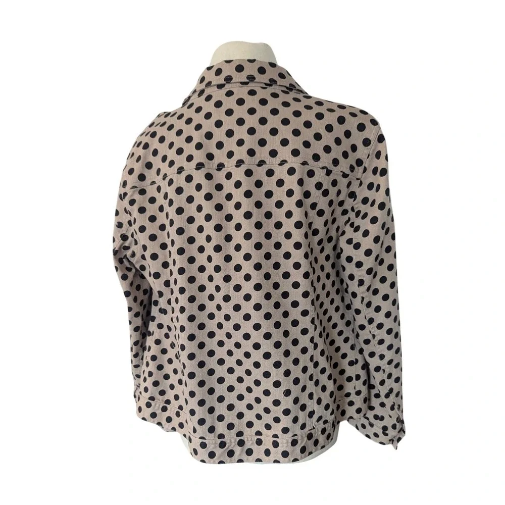 Christopher & Banks Petite Polka‎ Dot Denim Jacket Tan Black Button Front PM